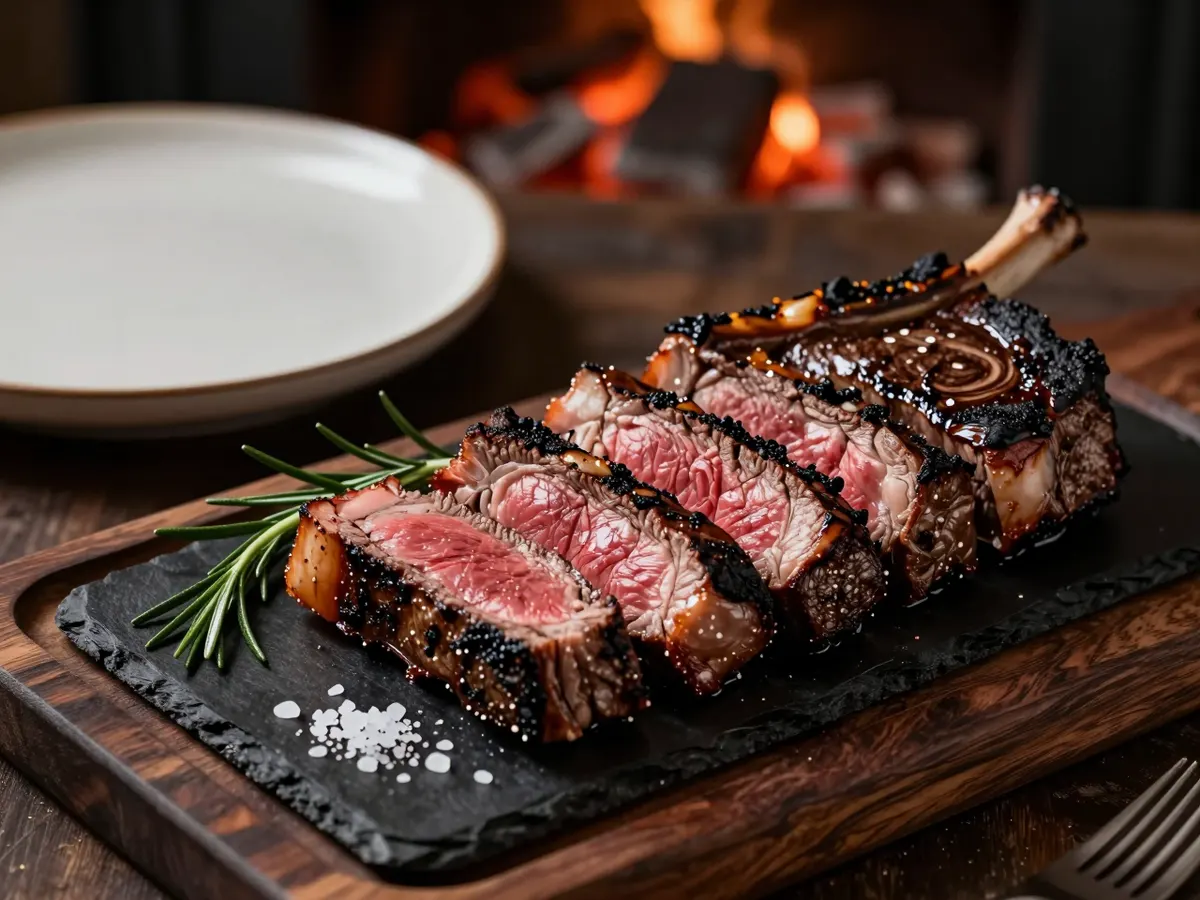 AI-generated photograph: A sliced charred ribeye steak on a board