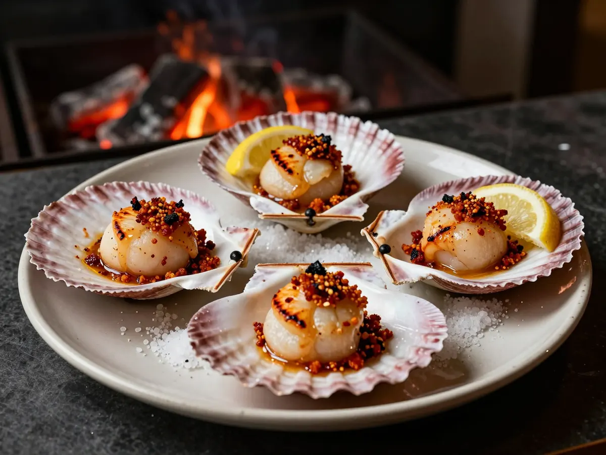 AI-generated photograph: Scallops in their shells with a red crumb
