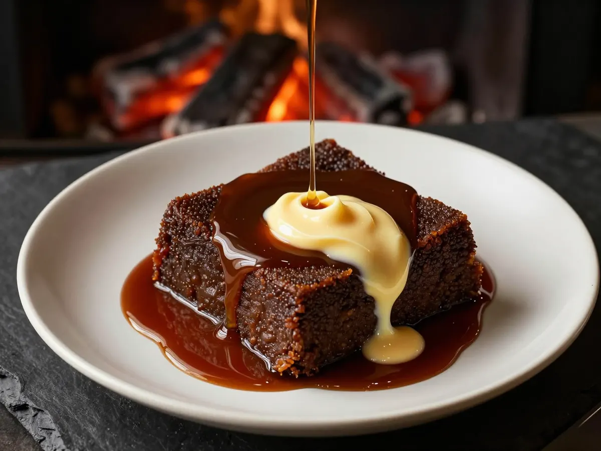 AI-generated photograph: Sticky toffee pudding with sauce and cream