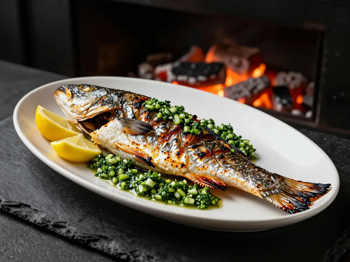 AI-generated photograph: A whole grilled sea bass with green herb sauce