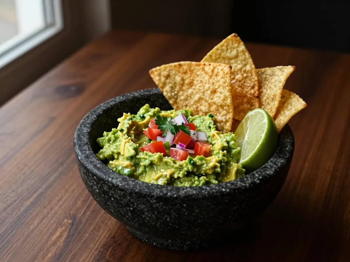 AI-generated photograph: A rough oval of bright green guacamole on a speckled stone plate, flecked with red tomato and coriander, warm golden corn chips fanned beside it