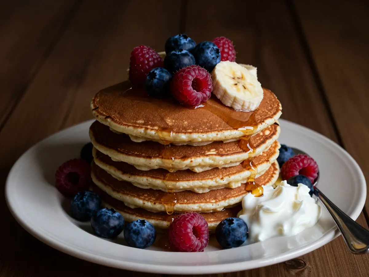 AI-generated photograph: A stack of wholemeal pancakes topped with fresh fruit