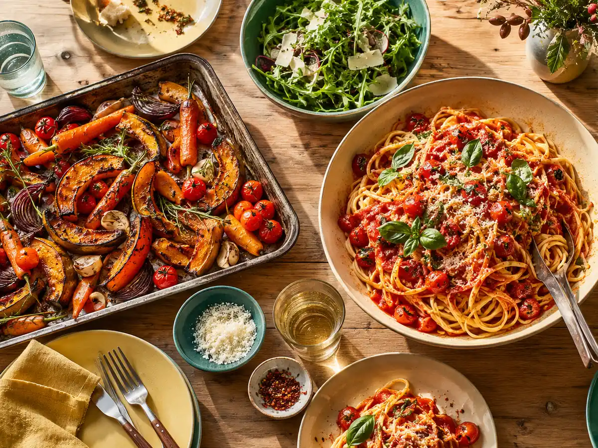AI-generated photograph: A long wooden table set with autumn dishes and candles