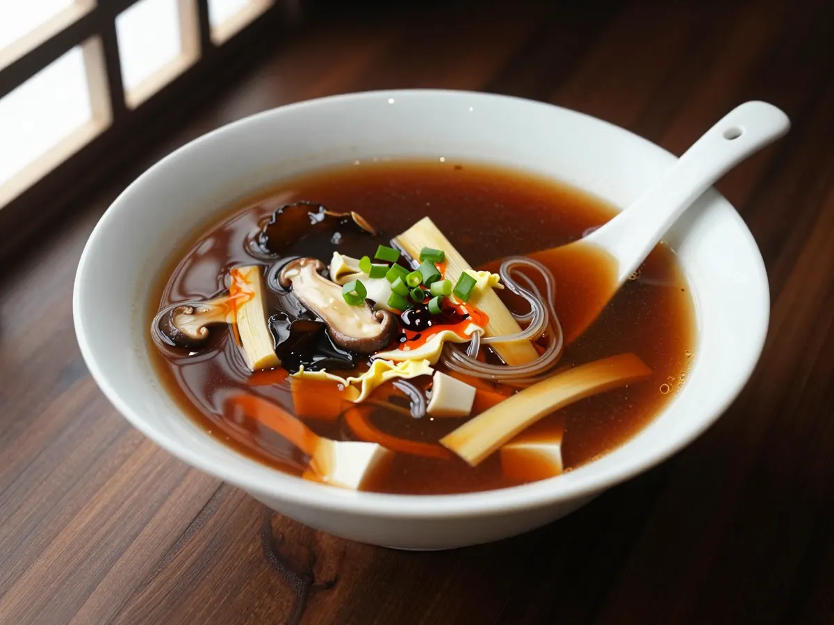 AI-generated photograph: Glossy amber hot and sour soup in a white porcelain bowl, thin ribbons of tofu, bamboo shoot and mushroom, finished with fine green spring onion and specks of red chilli