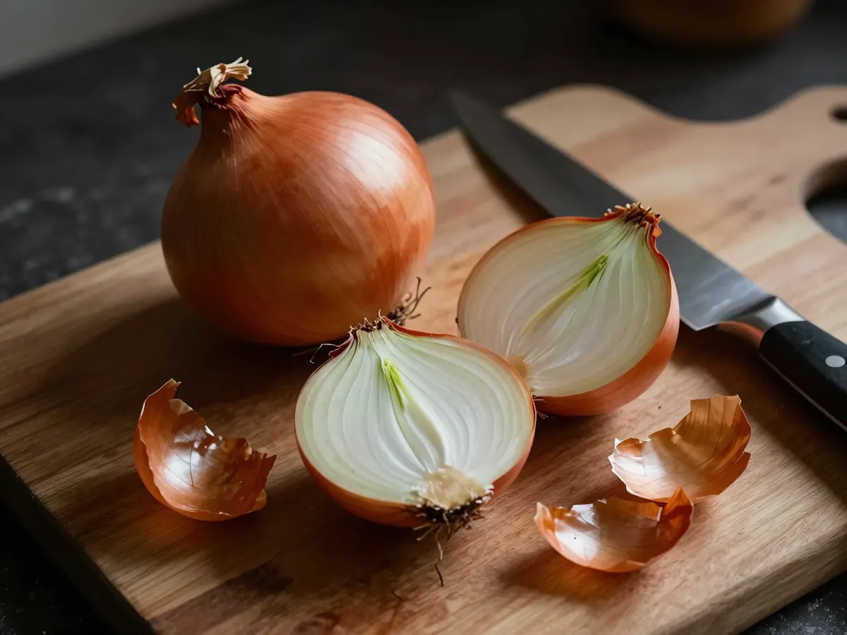 AI-generated photograph: A halved onion and a sharp knife on a chopping board