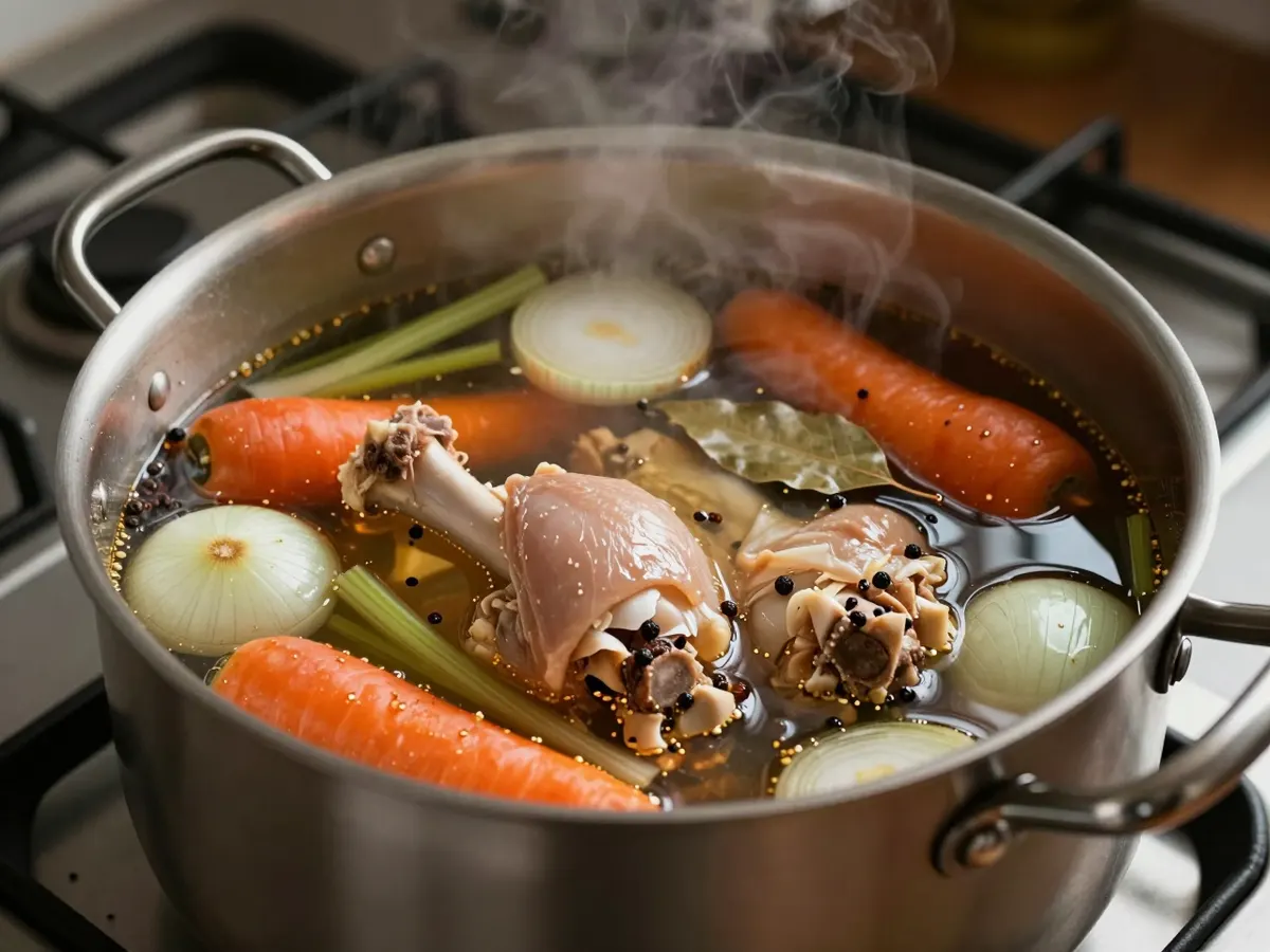 AI-generated photograph: A large pot of clear stock simmering with vegetables