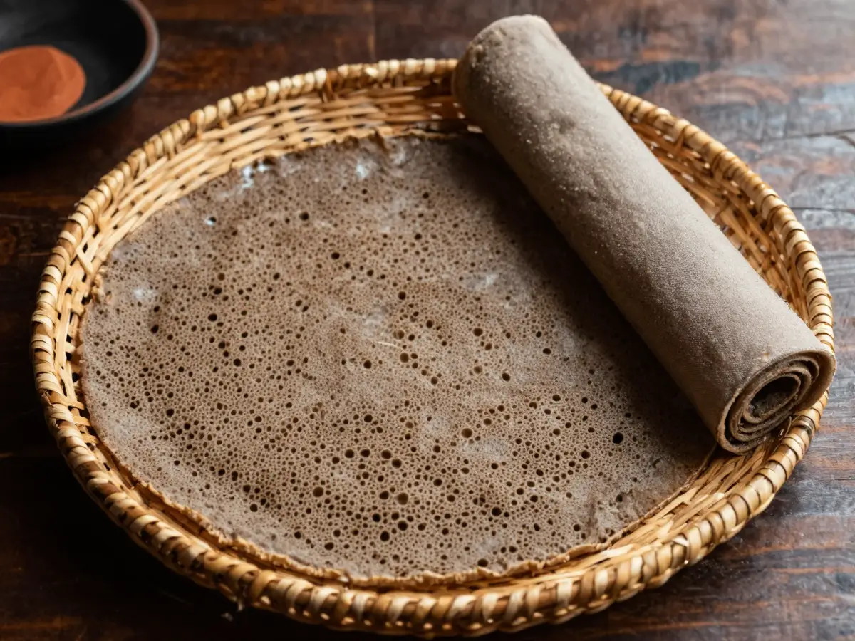 AI-generated photograph: Two soft rounds of grey brown injera with a dense honeycomb of tiny holes, one laid flat across a large round woven tray and the other rolled into neat cylinders lined up at its edge, seen from directly above in warm low light