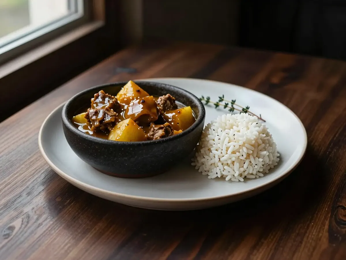 AI-generated photograph: Curry goat in a deep stoneware bowl, glossy golden gravy over tender goat and potato, with a mound of white rice on a small matte plate and a sprig of thyme