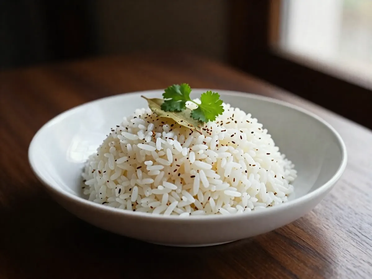 AI-generated photograph: A neat dome of white basmati rice flecked with toasted cumin seeds in a shallow matte white bowl, a single bay leaf and a few green coriander leaves on top