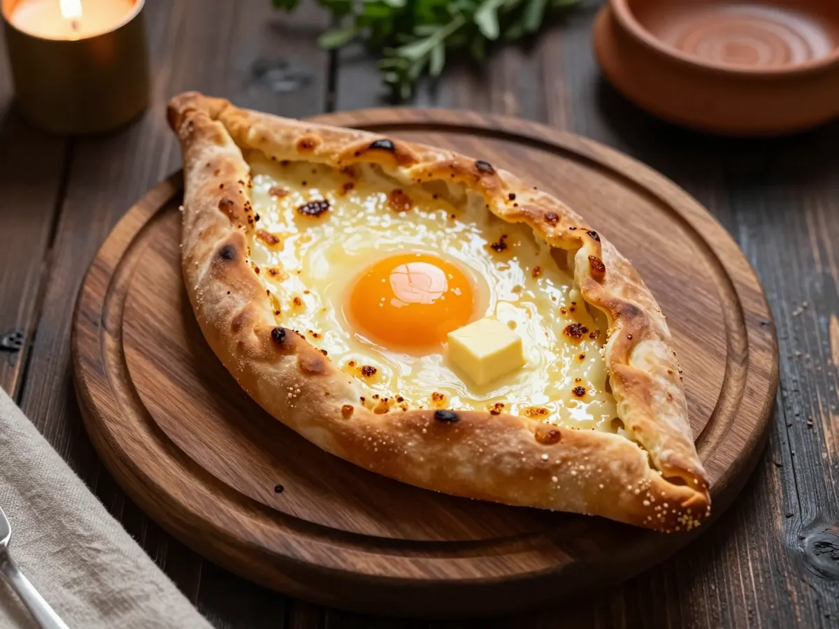 AI-generated photograph: One golden boat shaped cheese bread on a round dark wooden board, its open middle full of bubbling white cheese with a glossy orange egg yolk and a melting cube of butter in the centre, seen from directly above