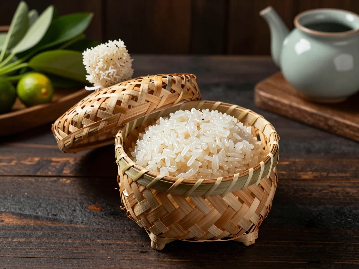 AI-generated photograph: A small round lidded woven bamboo kratip basket, its lid propped open against it, showing a soft mound of glossy white steamed sticky rice, on a dark wooden table, seen from a low side angle, nothing else beside it