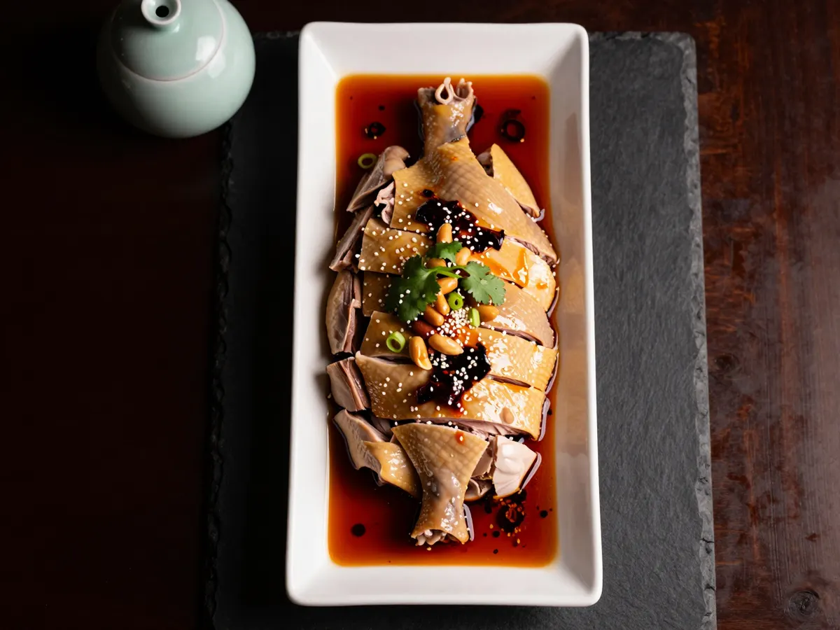 AI-generated photograph: Slices of pale poached chicken with golden skin laid in an overlapping row on a shallow white porcelain plate, sitting in a glossy pool of red chilli oil, crushed peanuts, sesame seeds, green spring onion and coriander leaves scattered over