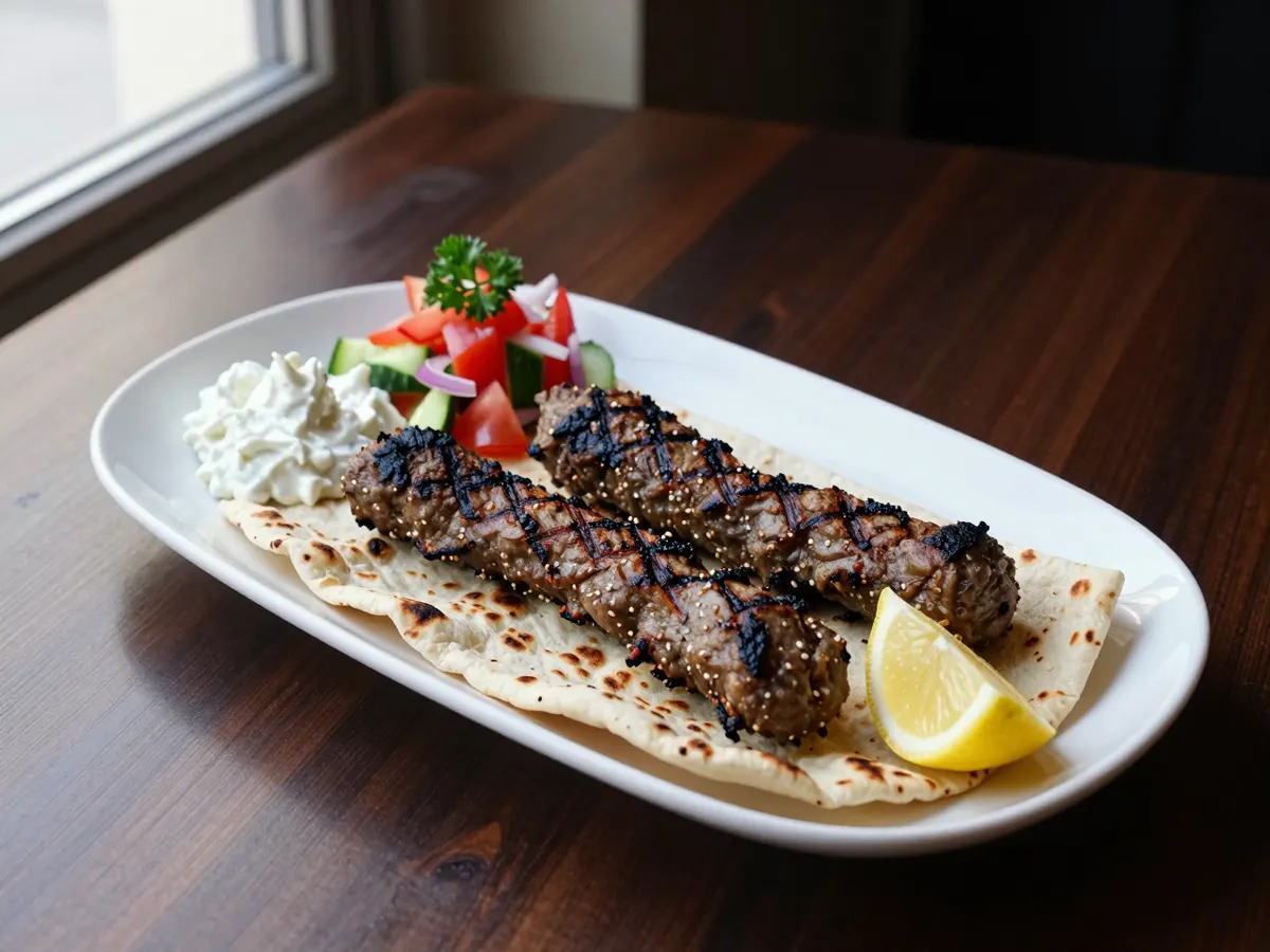 AI-generated photograph: Three browned lamb koftas on a warm folded flatbread on a long white platter, a swoosh of white garlic yoghurt, a bright tomato, cucumber and red onion salad, dark red sumac and a lemon wedge