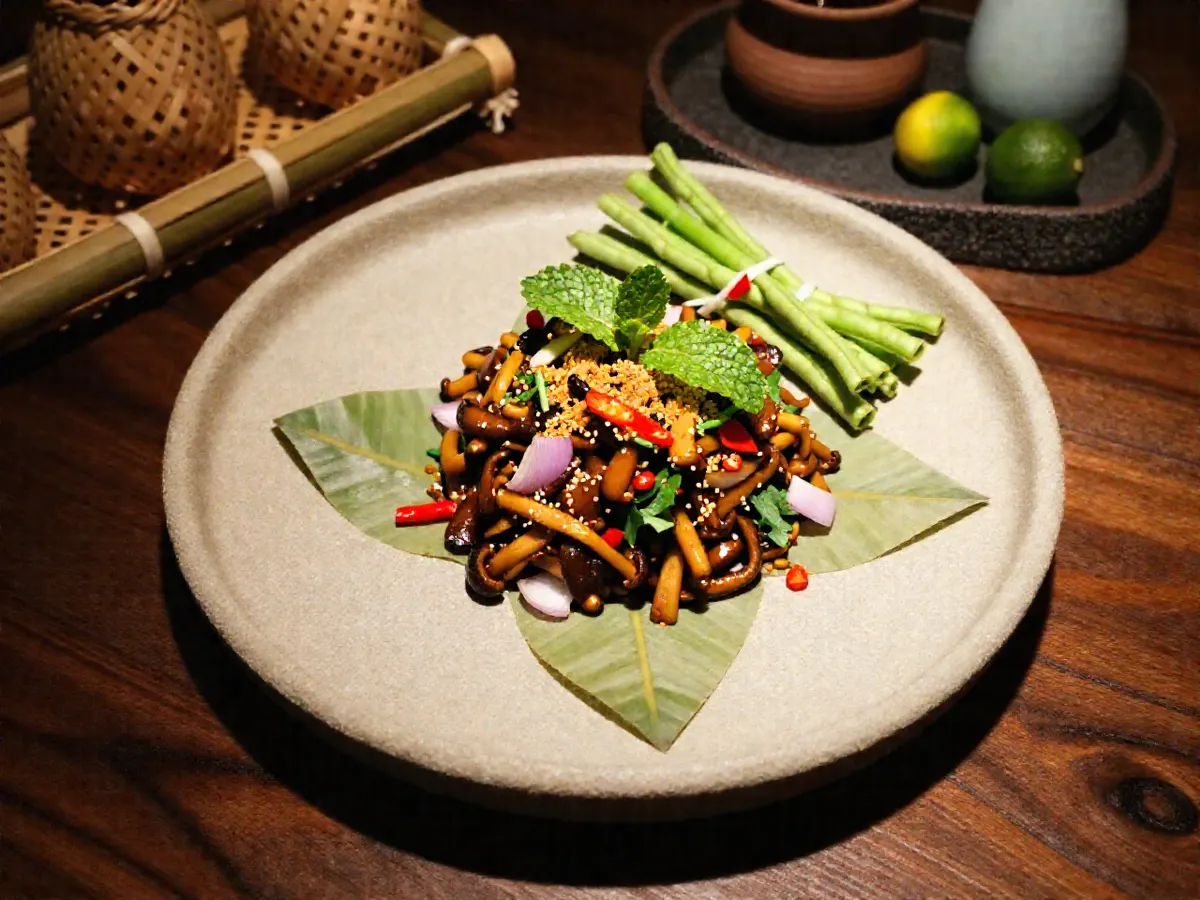 AI-generated photograph: A neat dome of finely chopped browned mushroom larb flecked with chilli, shallot, mint and coriander and dusted with toasted rice powder, set on cupped little gem leaves on a round pale sandstone coloured ceramic plate, raw green beans laid beside it, seen from directly above