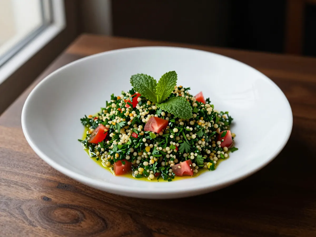 AI-generated photograph: Bright green tabbouleh piled into a shallow white bowl, fine parsley and mint flecked with diced red tomato and bulgur, a sheen of olive oil, a few crisp little gem leaves tucked at the side