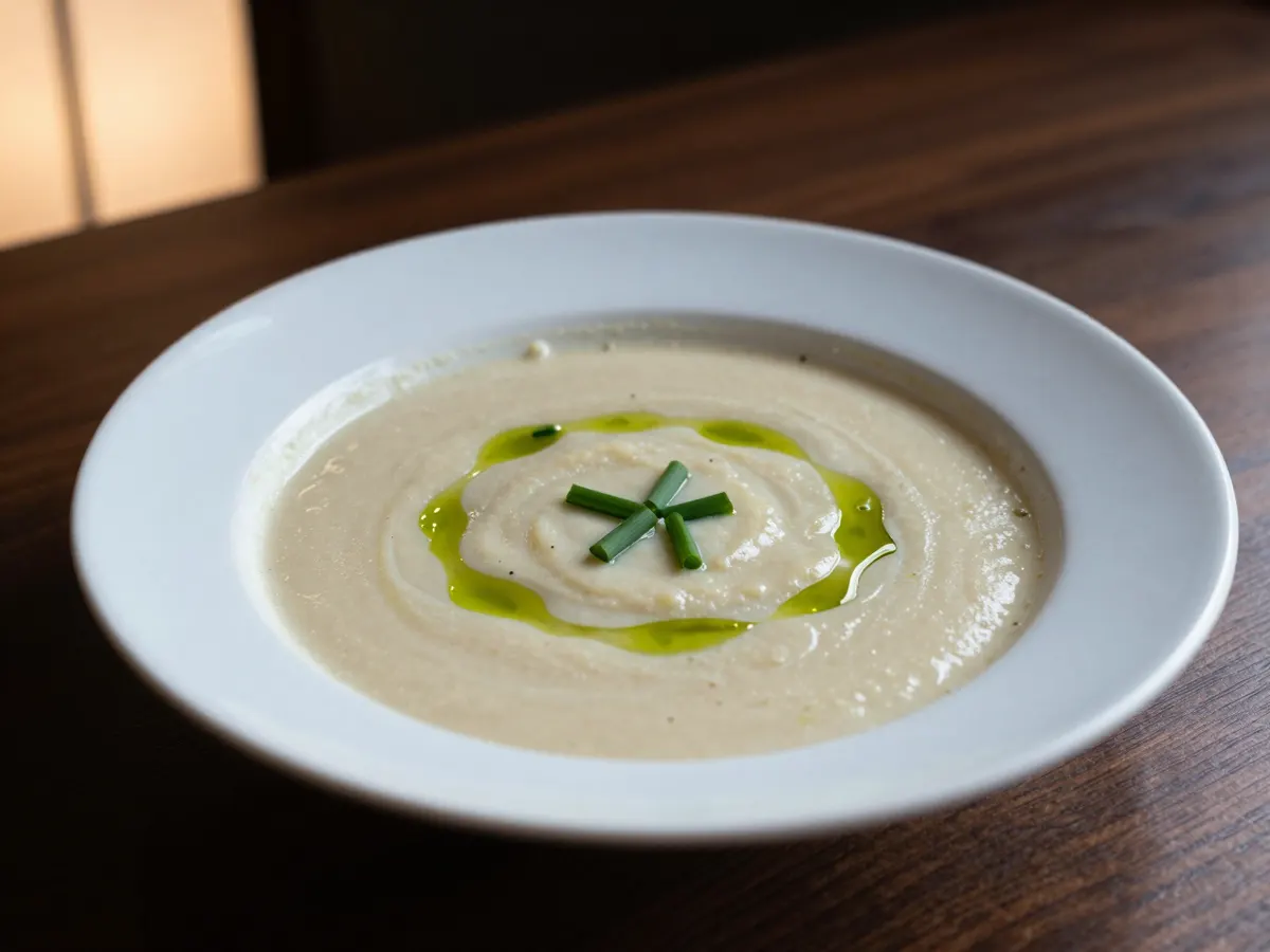 AI-generated photograph: A wide pale stoneware bowl of smooth ivory leek and potato soup, a swirl of green olive oil and a neat line of snipped chives across the top
