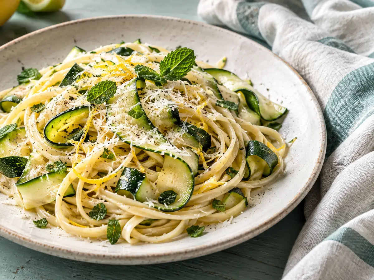 AI-generated photograph: Linguine tossed with courgette ribbons, mint and Parmesan