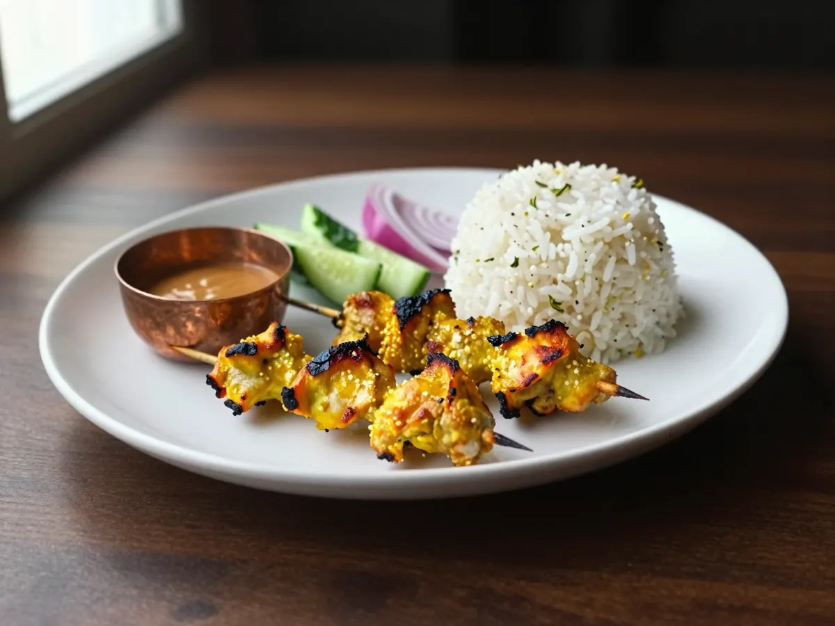 AI-generated photograph: Turmeric gold chicken skewers with charred edges laid across a long white platter, a small copper bowl of peanut sauce, cucumber chunks and red onion wedges beside a dome of jasmine rice