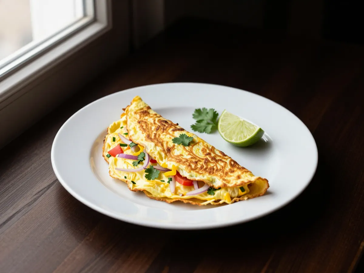 AI-generated photograph: A golden folded masala omelette on a round white plate, flecked with red onion, tomato and green coriander, a lime wedge and a few coriander leaves beside it