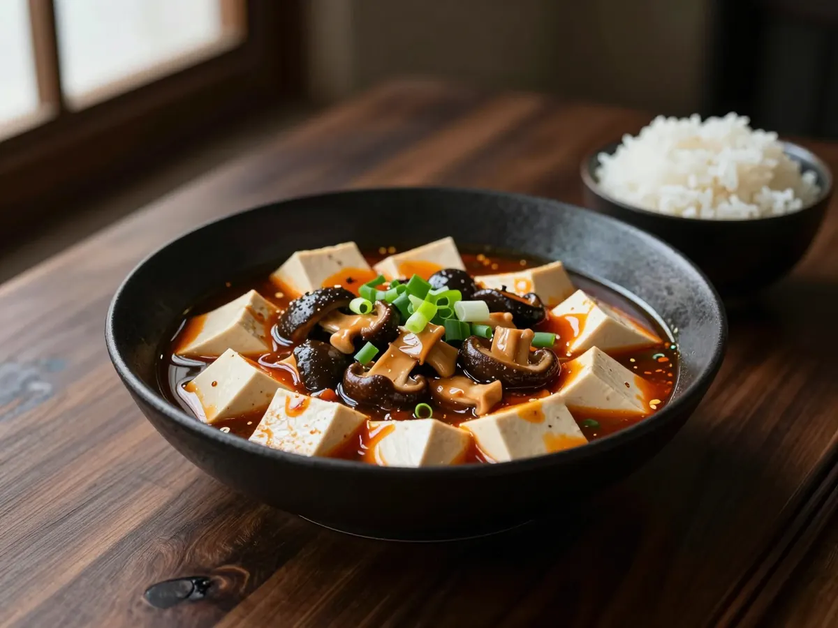 AI-generated photograph: Soft white cubes of tofu in a glossy brick red sauce in a deep black bowl beside a neat dome of white rice, green spring onion and dark crushed peppercorns on top