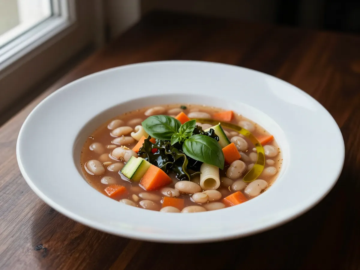 AI-generated photograph: Minestrone in a wide shallow white bowl, a clear red broth with small diced carrot, courgette, white beans and little pasta tubes, ribbons of dark green cavolo nero, a green basil leaf and a bright swirl of olive oil