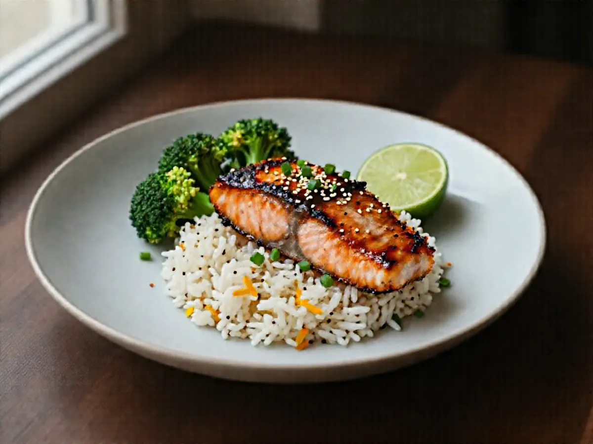 AI-generated photograph: A glazed salmon fillet with a dark caramelised top on a mound of jasmine rice in a wide stoneware bowl, bright green broccoli and pak choi beside it, sesame seeds and spring onion scattered over, a lime wedge on the rim