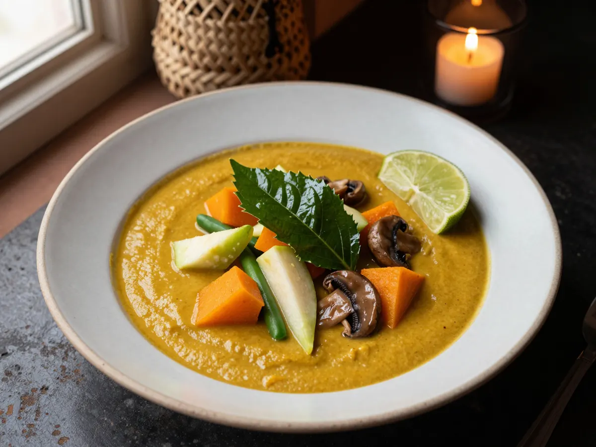 AI-generated photograph: A wide off white ceramic bowl of saffron yellow chilli broth with chunks of squash, chayote, green beans and mushrooms, a torn green leaf and a lime wedge