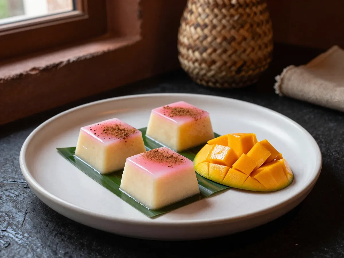 AI-generated photograph: Neat squares of ivory set corn pudding with a bright pink top layer on a piece of green banana leaf, dusted with cinnamon, diced mango beside