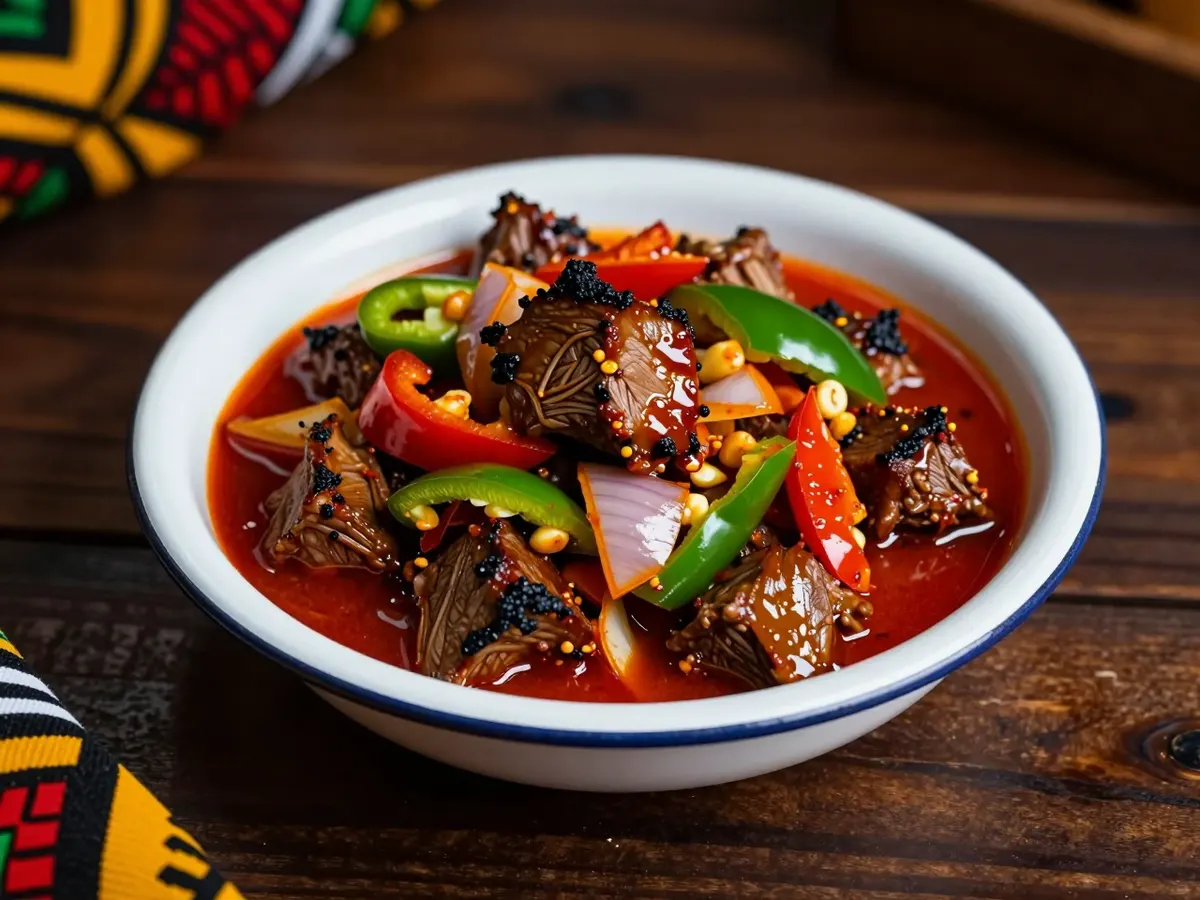 AI-generated photograph: A bowl of chopped grilled goat meat glossy with red pepper sauce