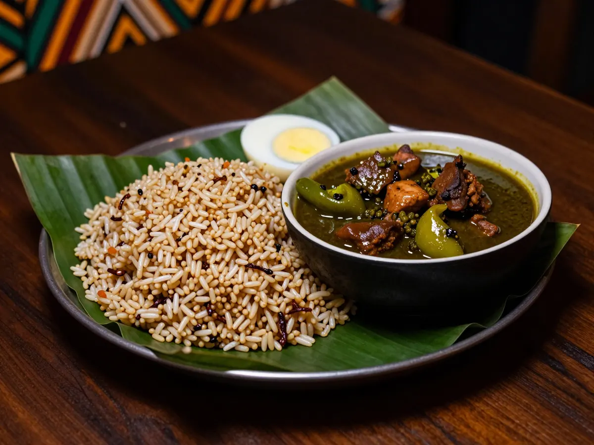 AI-generated photograph: Brown ofada rice beside a dark green pepper stew with boiled egg and meat