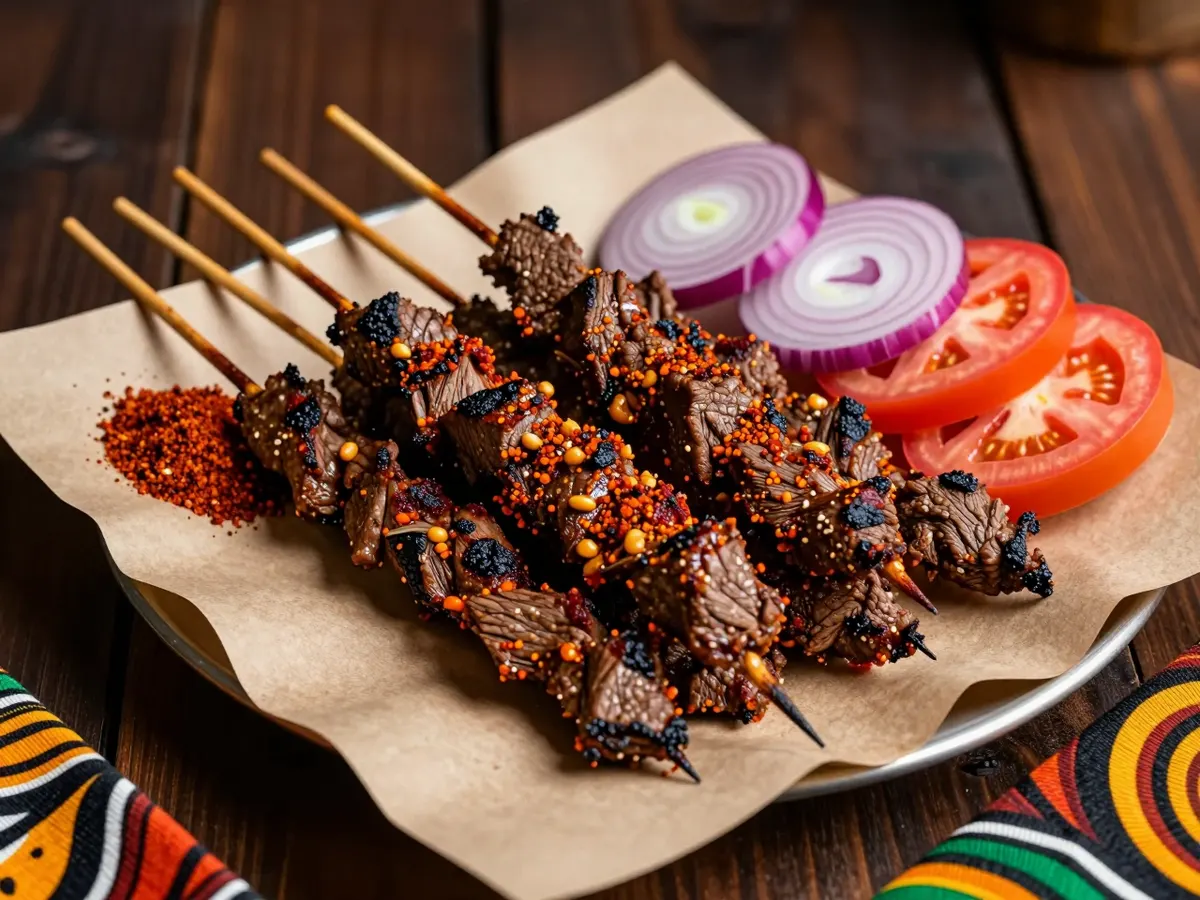 AI-generated photograph: Skewers of spiced grilled beef with sliced red onion and tomato