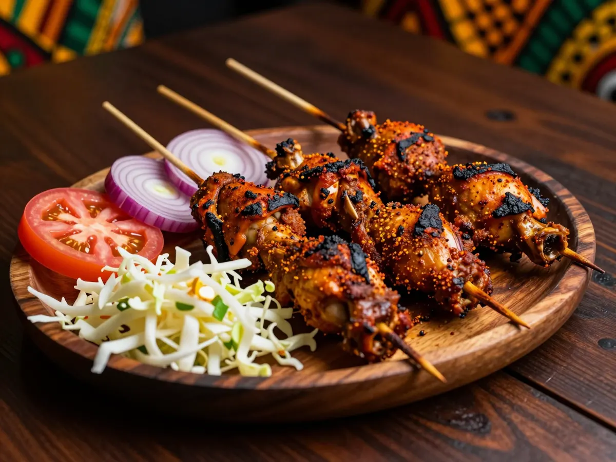 AI-generated photograph: Skewers of spiced chicken on a board with onion and cabbage