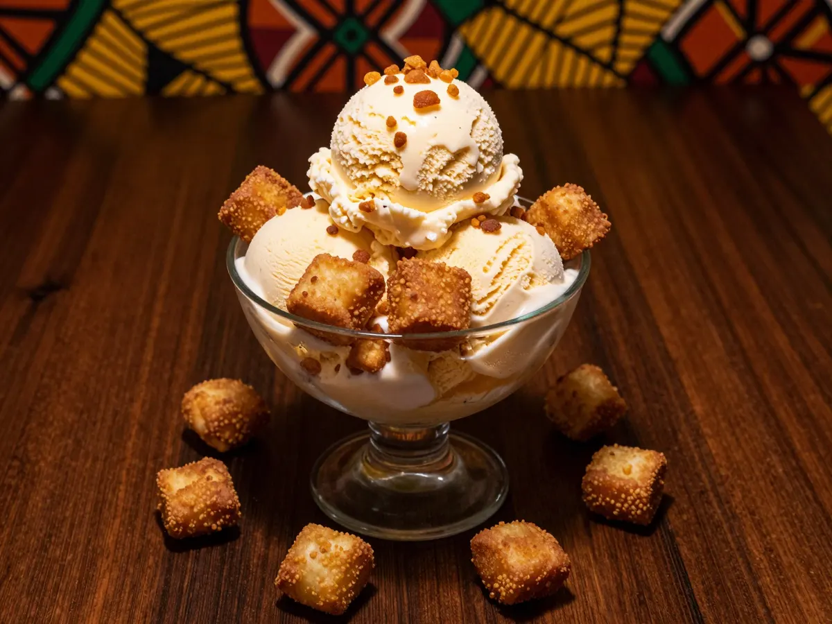 AI-generated photograph: Small crunchy fried pastry pieces scattered over vanilla ice cream