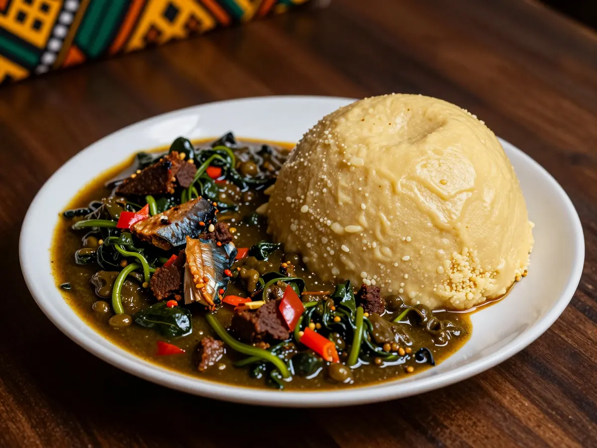 AI-generated photograph: A rich green vegetable stew next to a mound of yellow eba