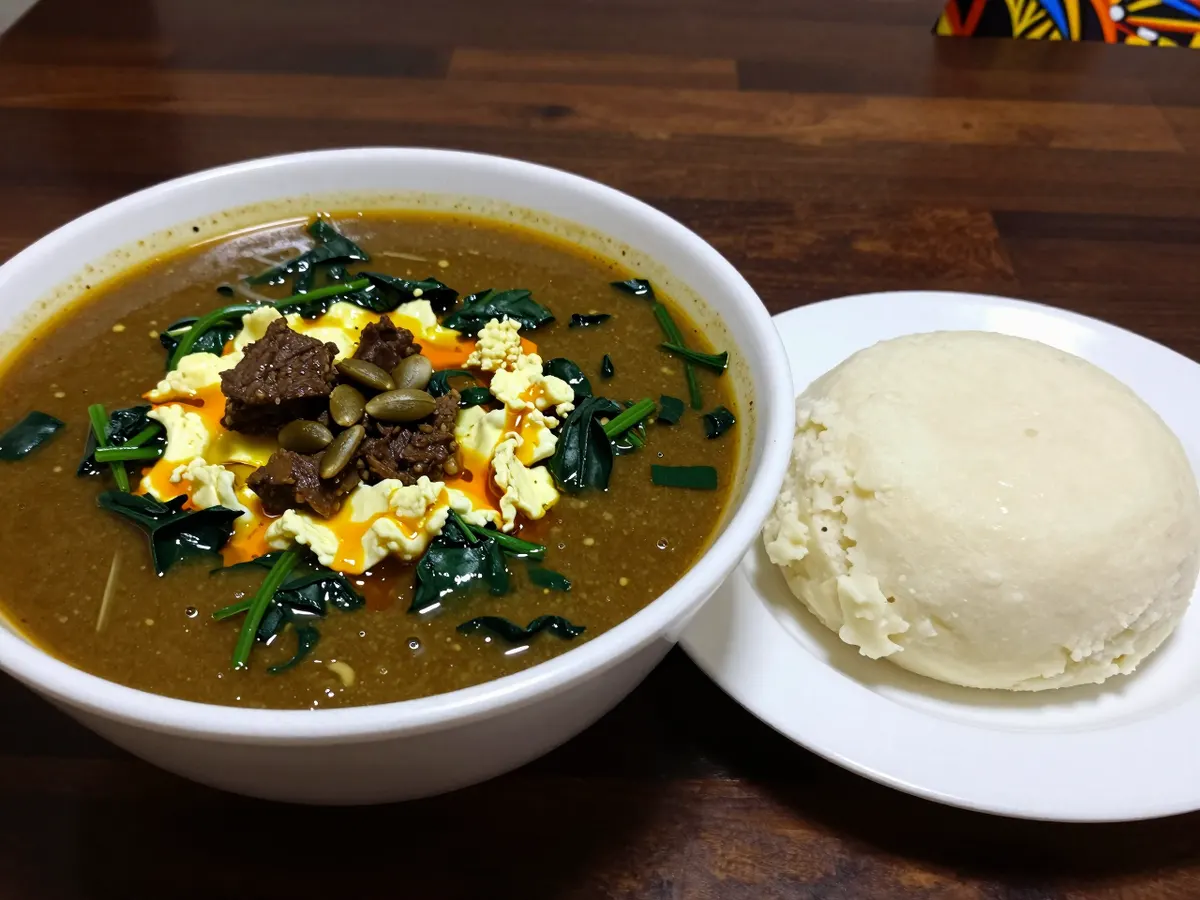 AI-generated photograph: A bowl of thick melon seed soup with greens beside a mound of pounded yam