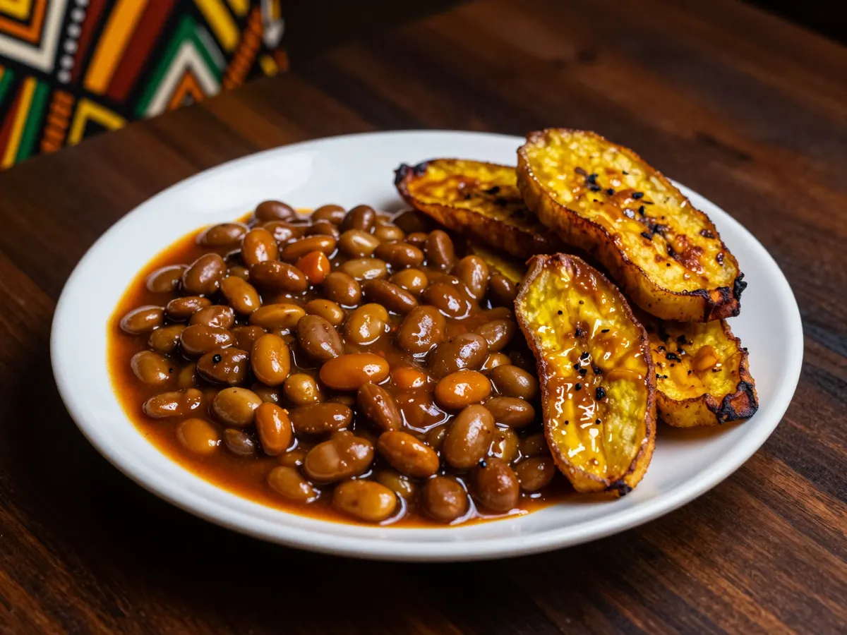 AI-generated photograph: A plate of stewed brown beans with golden fried plantain