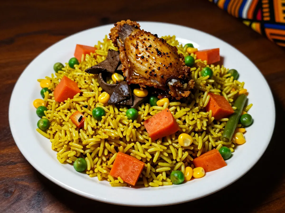 AI-generated photograph: Yellow fried rice with mixed vegetables and a turkey wing