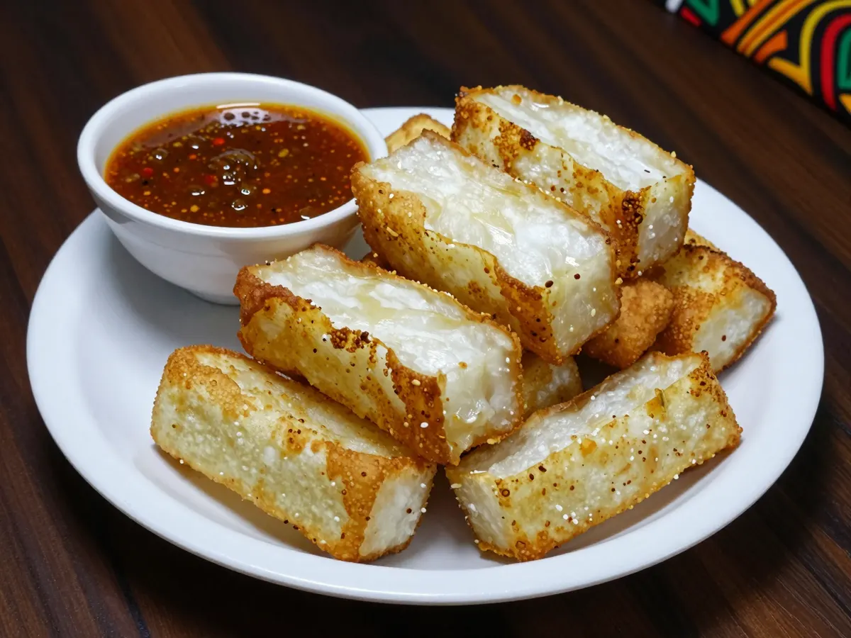 AI-generated photograph: Golden fried yam chips with a red pepper dip
