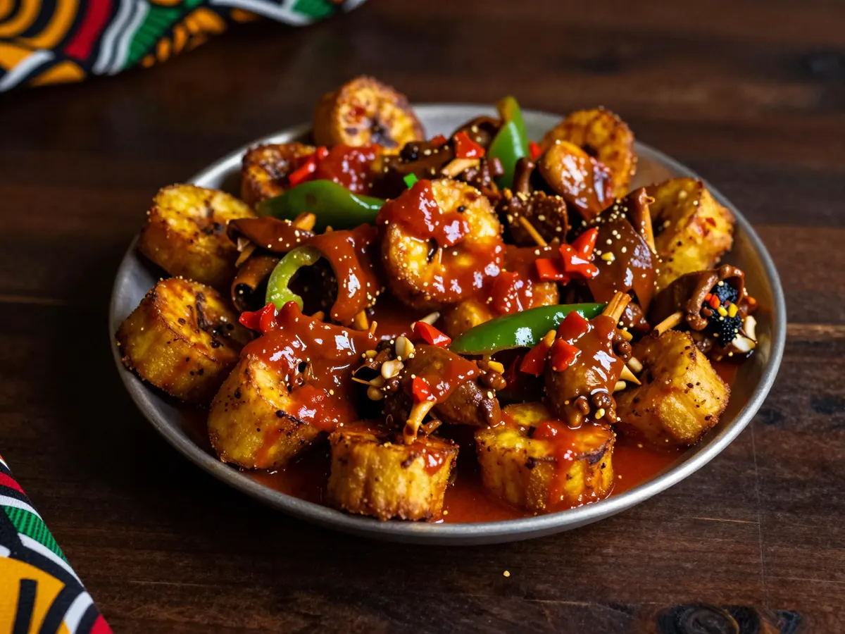 AI-generated photograph: Fried plantain cubes and gizzards in a red pepper sauce