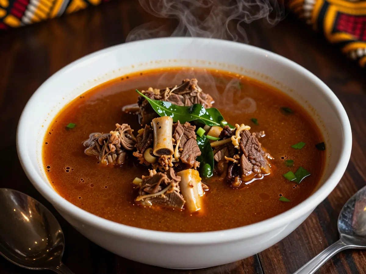 AI-generated photograph: A deep bowl of steaming spiced broth with pieces of goat meat