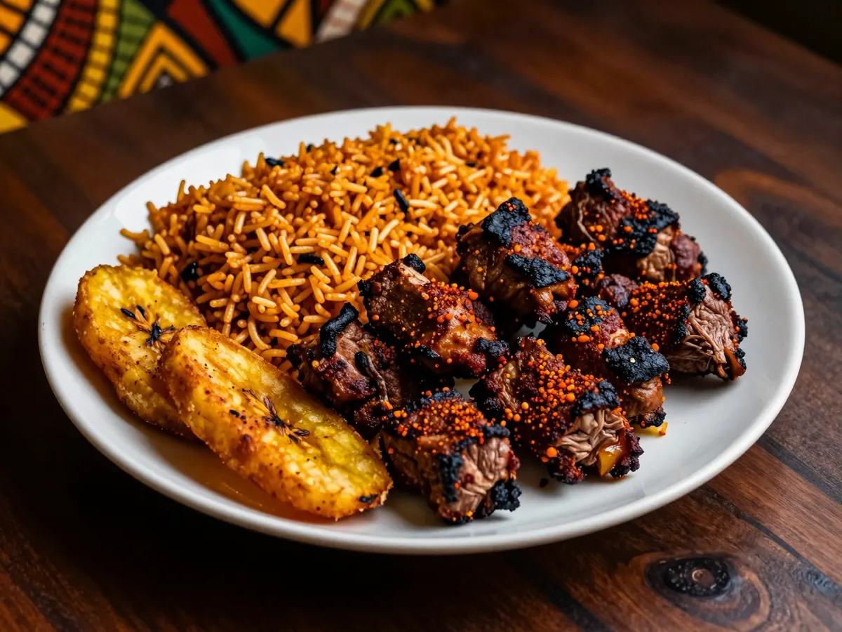 AI-generated photograph: Charred goat meat pieces with red rice and plantain
