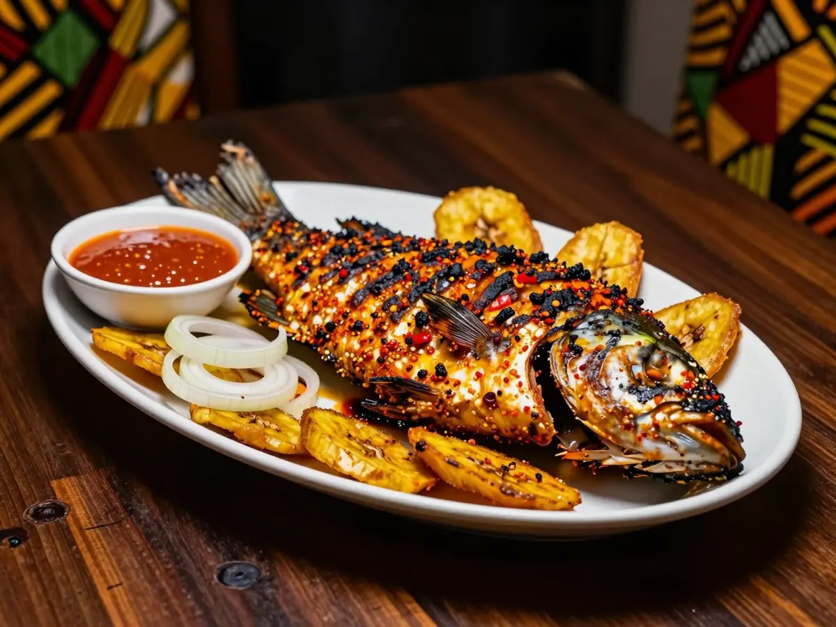 AI-generated photograph: A whole grilled fish on a platter with plantain and pepper sauce