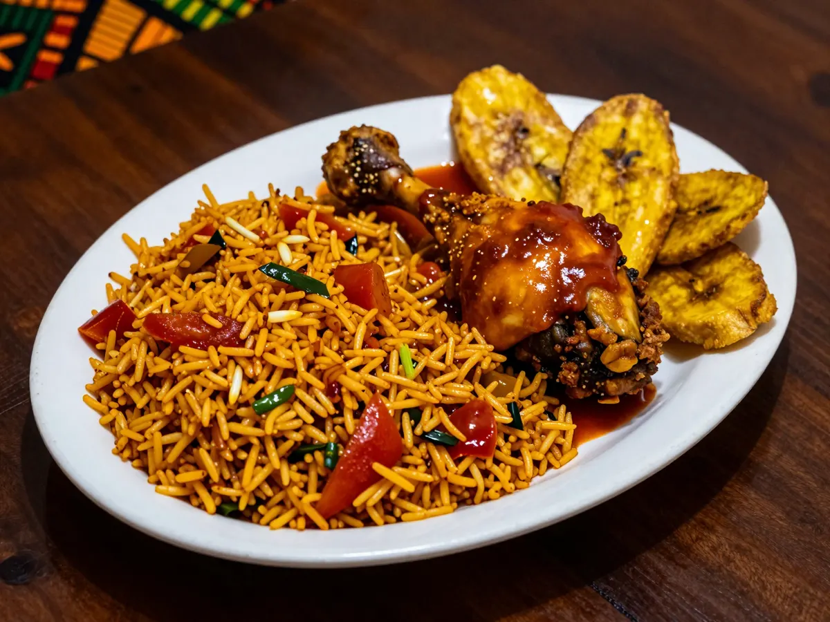 AI-generated photograph: A plate of red jollof rice with a chicken leg and fried plantain