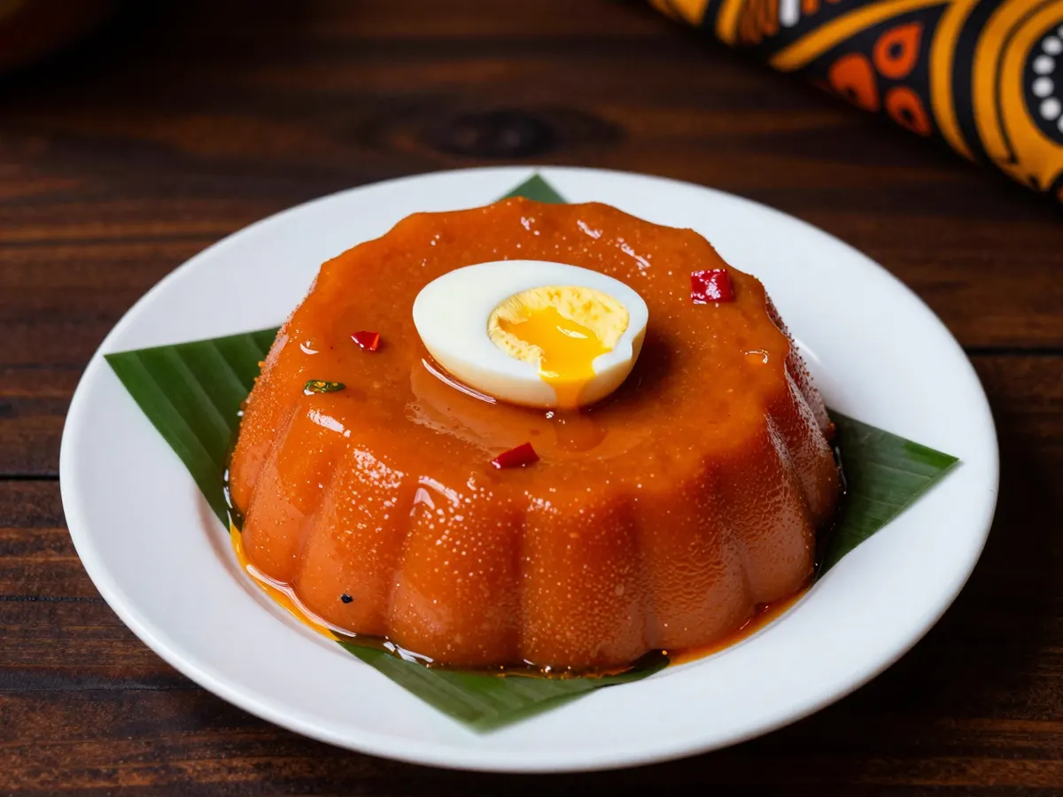 AI-generated photograph: A slice of orange steamed bean pudding on a leaf
