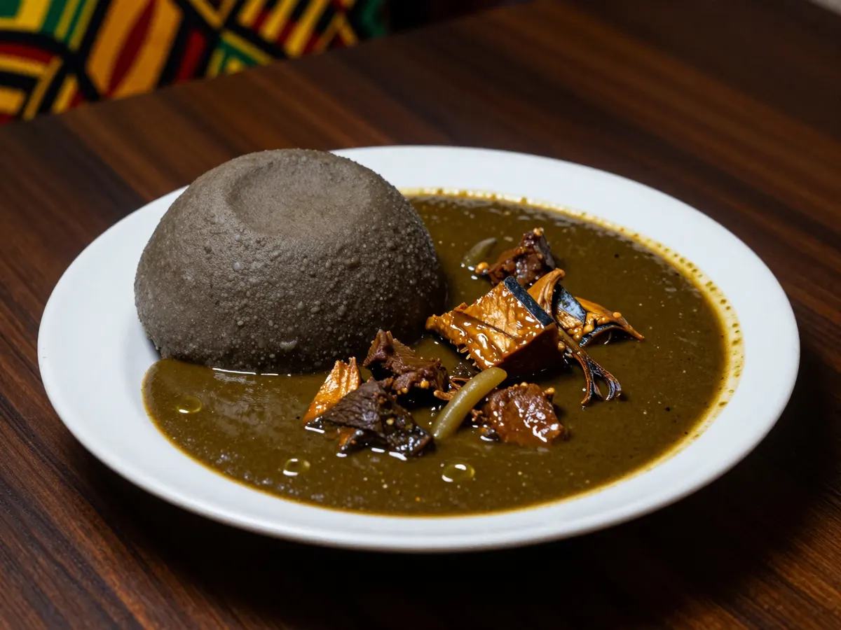 AI-generated photograph: A bowl of glossy draw soup with meat beside a mound of dark amala