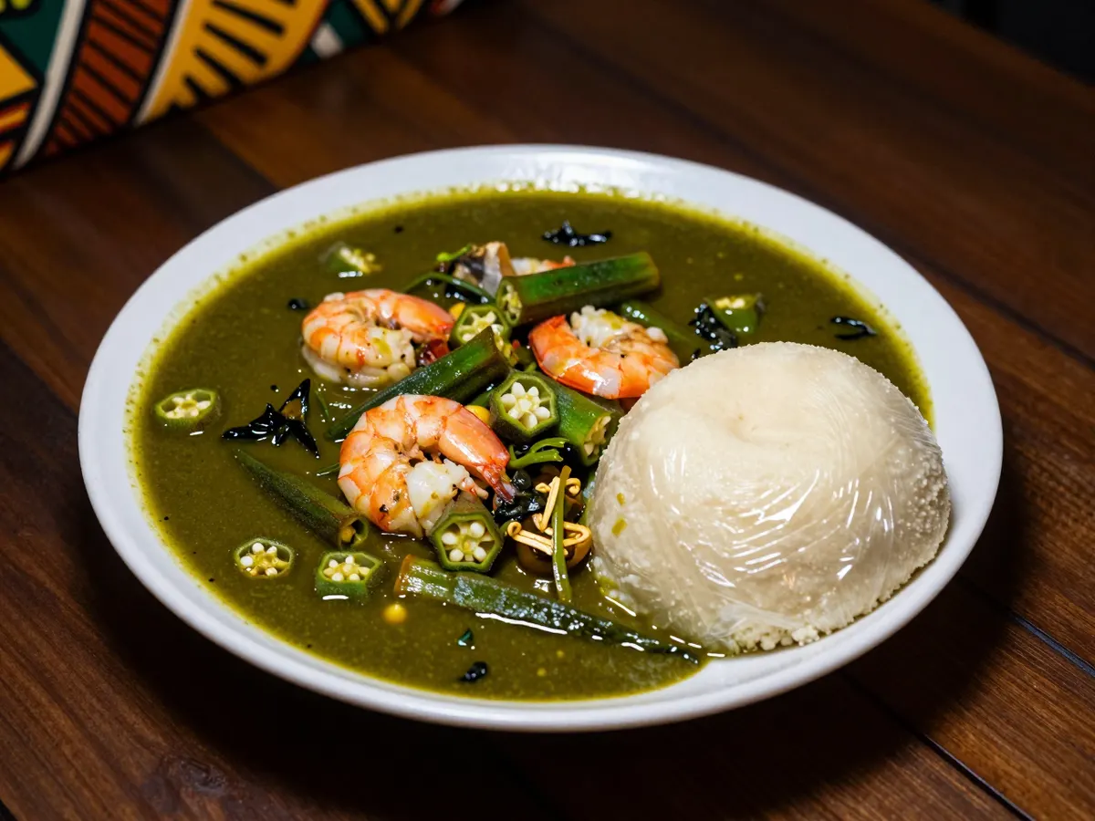 AI-generated photograph: A bowl of green okra soup with seafood beside a ball of white fufu