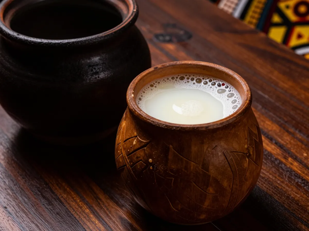 AI-generated photograph: A calabash cup of cloudy white palm wine