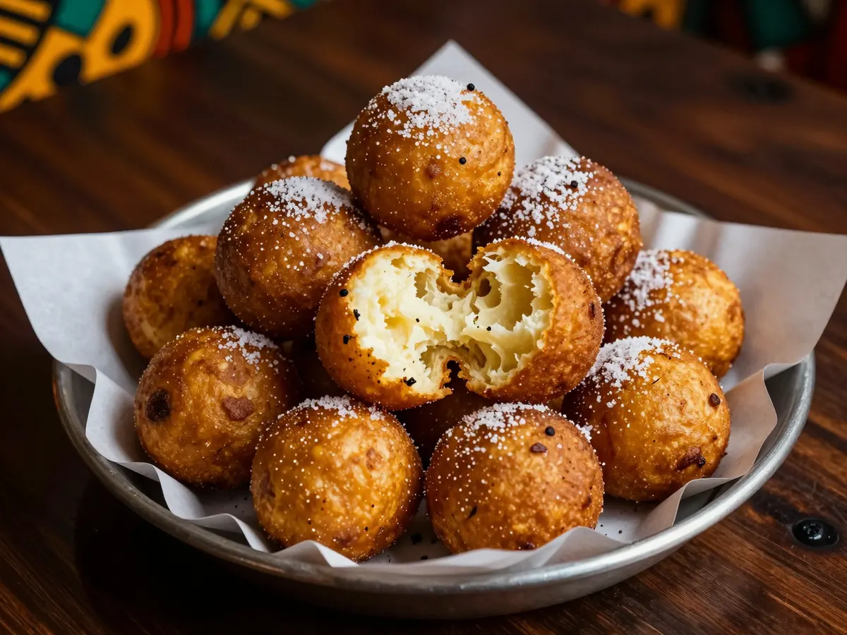 AI-generated photograph: A pile of round golden doughnuts dusted with sugar