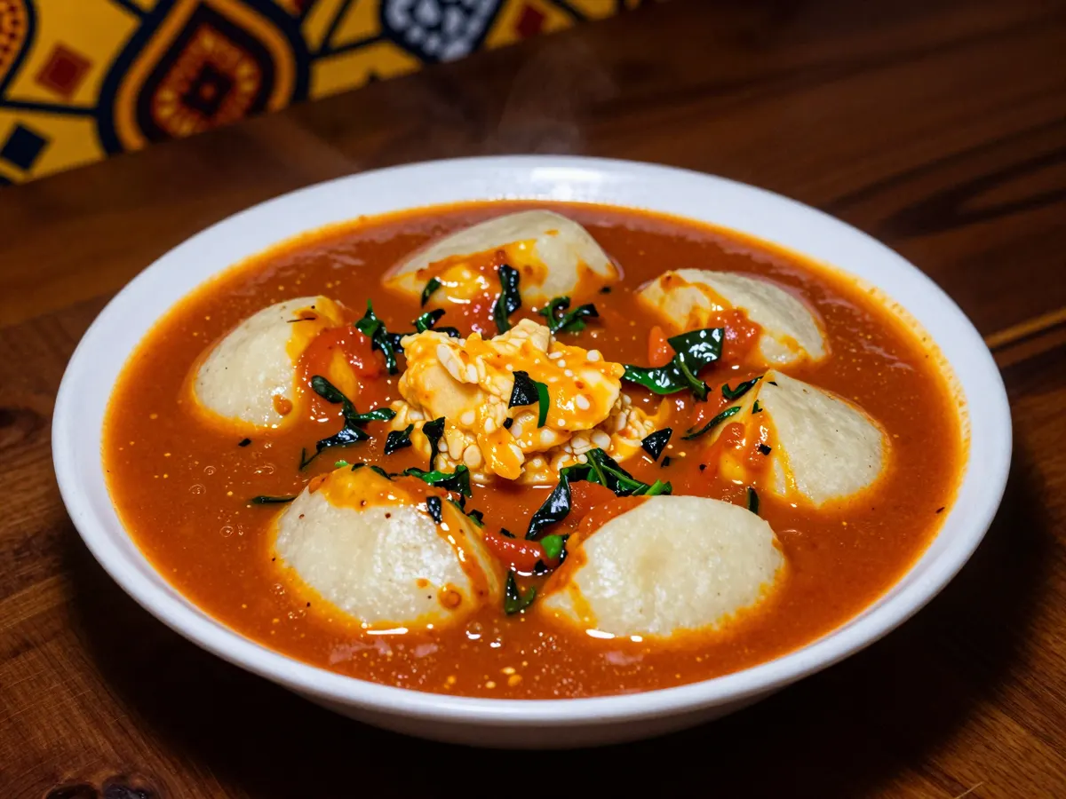 AI-generated photograph: A bowl of orange yam porridge with green vegetables