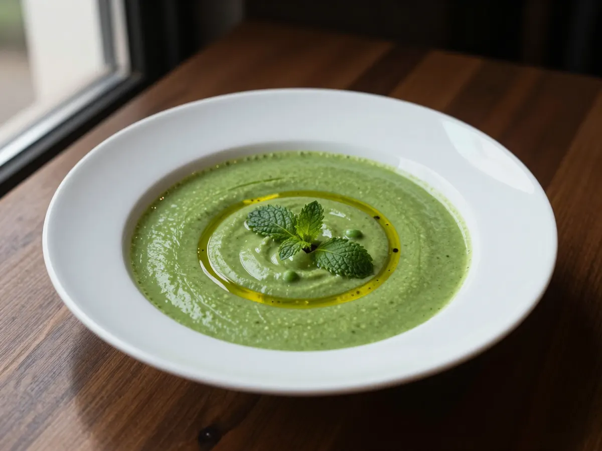 AI-generated photograph: Vivid green pea and mint soup in a shallow white rimmed bowl, a fine thread of golden olive oil swirled across the top and three small mint leaves in the centre